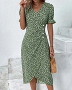 Variant image for Elegante Zwarte Midi Jurk Dames met V-hals en Korte Ruches Mouwen-1
