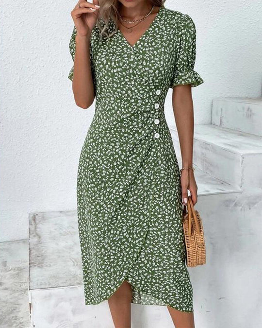 Variant image for Elegante Zwarte Midi Jurk Dames met V-hals en Korte Ruches Mouwen-1