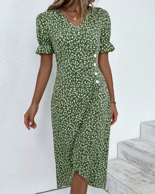 Elegante Zwarte Midi Jurk Dames met V-hals en Korte Ruches Mouwen-2