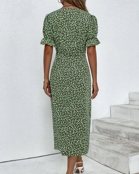 Elegante Zwarte Midi Jurk Dames met V-hals en Korte Ruches Mouwen-3