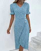 Elegante Zwarte Midi Jurk Dames met V-hals en Korte Ruches Mouwen-6