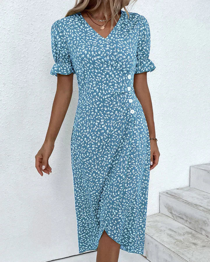 Elegante Zwarte Midi Jurk Dames met V-hals en Korte Ruches Mouwen-6