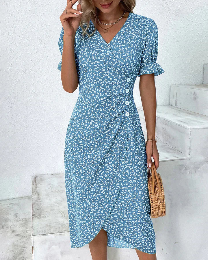 Variant image for Elegante Zwarte Midi Jurk Dames met V-hals en Korte Ruches Mouwen-2