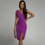Elegante Mouwloze Jurk Dames met Gedrapeerde V-hals en Voorste Spleet-4
