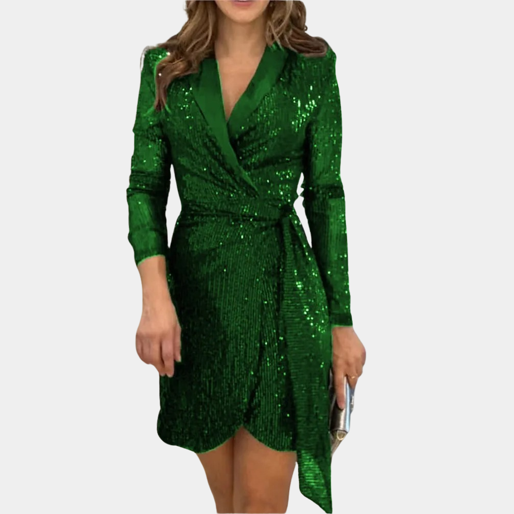 Elegante Dames Blazerjurk met Ceintuur en Glitter – Perfecte Galajurk voor Feestelijke Gelegenheden in Rood, Groen, Blauw en Zwart 1